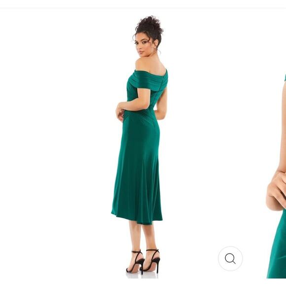 Mac Duggal 26484 Ruched Off The Shoulder Midi Dress Size 2 Emerald Green - Picture 2 of 13